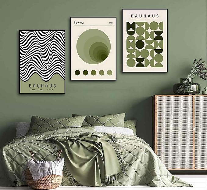 WSTUKVV 3Pcs Bauhaus Mid Century Modern Wall Art Bauhaus 1923 Posters Pictures Green Boho Abstract Geometric Canvas Prints Black Line Paintings for Living Room Bedroom Dining Room Wall Decor Unframed