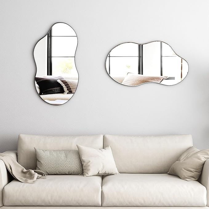 SHYFOY Irregular Decorative Wall Mirror, 20"x36" Black Asymmetrical Mirrors with Metal Frame for Wall Decor, Wavy Wall Mirror for Living Room Abstract Mirror