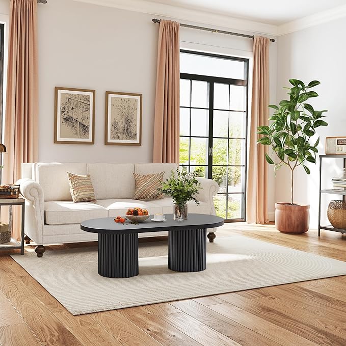 Oval Fluted Coffee Table, Farmhouse Wood Coffee Table Mid Century Modern Center Table Boho Living Room Tables for Living Room Office (Black, 19.69" D x 39.38" W x 13.78" H)