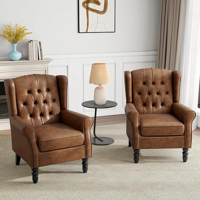 Pia Ricco Set of 2 Mid-Century Modern Wingback Accent Chairs - Luxe Brown Faux Leather with Wooden Legs, Easy-Clean PU Leather for Living Room, Lounge, Home Theater & Dining Room