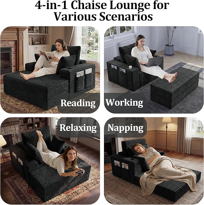 85" Oversized Chaise Lounge Chair Convertible 2-in-1 Boneless Sleeper Couch Bed Indoor Comfy Cloud Corduroy Reading Armchair sofa with Storage Pockets&Cup Holders for Bedroom,Living Room,Gray