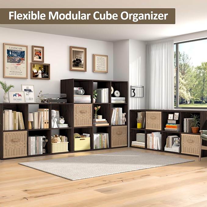 PrimeZone Stackable 9 Cube Storage Organizer: Wood Cubes Shelf Fits Cubby Bins - Square Cubicle Bookshelf Cabinet for Closet Bedroom - Open Storage Shelf for Toy Clothes Book Organization, Espresso