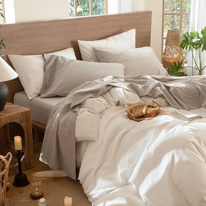 MooMee Bedding Sheet Set 100% Washed Cotton Linen Like Textured Breathable Durable Soft Comfy (Heathered Tannish Linen Grey, Twin)