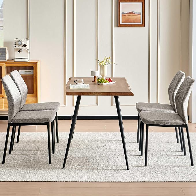 Dining Table Set for 4, Modern Wood Irregular Rectangle Dining Table, Linen Fabric Dining Chairs 4,Table and Chairs Set of 4 for Kitchen Dining Room, Light Brown