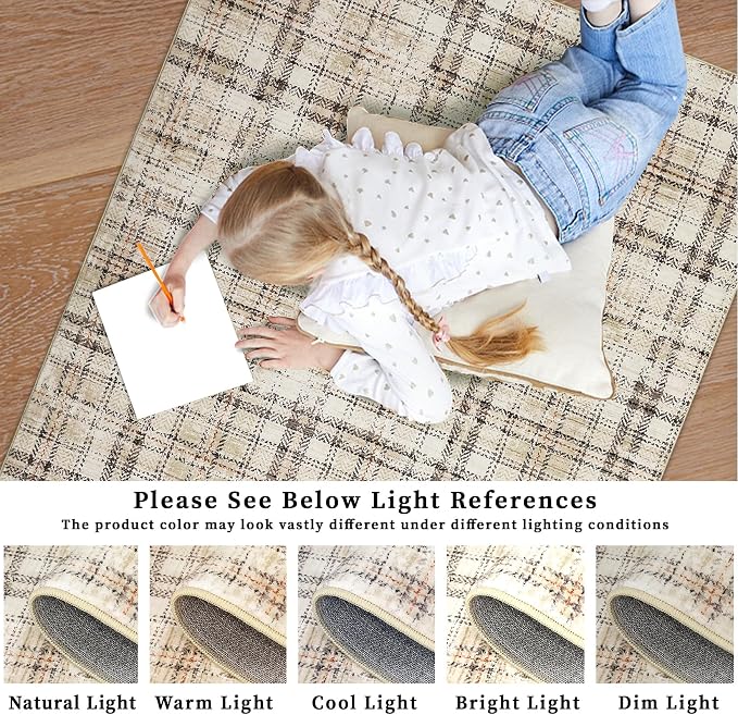 Modern Washable 8x10 Area Rug - Soft, Non-Slip, Stain Resistant, Farmhouse Tartan Plaid for Living Room, Bedroom, Nursery, Office - Beige