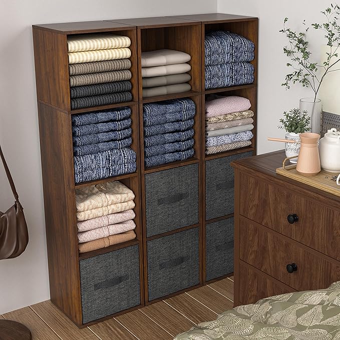 4Cube Storage Organizer, 4 Tier Cube Low Bookcase Freestanding Storage Display Organizer, Three-Cubes Open Shelf Bookshelf for Home Office (Dark Brown,Black Walnut, 4-Cube)