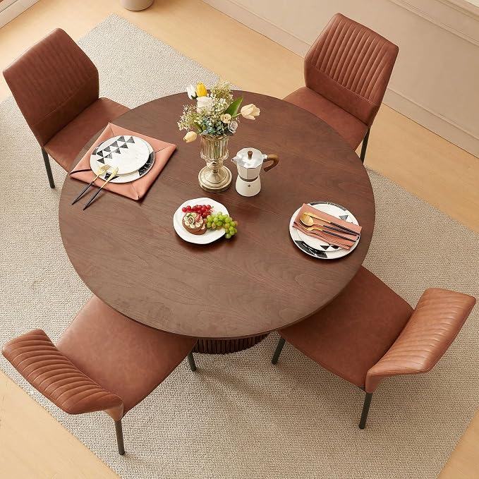 Dining Table Set for 4, 47" Wooden Round Kitchen Table with PU Leather Chairs for Kitchen Room and Small Spaces(Walnut Table + 4 Brown Chairs)