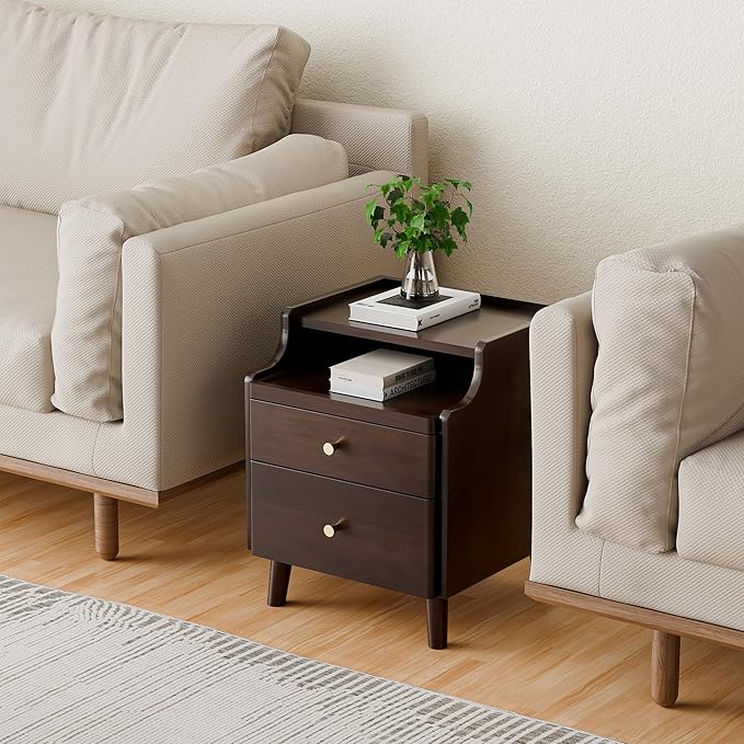 Narrow Nightstand with Drawers, Pre-Assembled Solid Wood Small Skinny Night Stand with Open Sliding Shelf Slim Bedside Table for Bedroom, Slim Side Table (2, Black Walnut, 16")