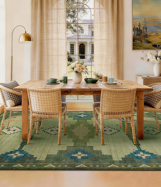 YIHOUSE Mid Century Modern Rugs for Living Room, 8x10 Green Rug No-Slip Southwestern Large Area Rug Washable Rugs for Bedroom, Dining Room