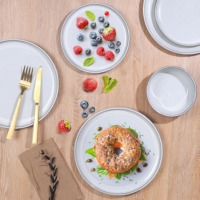 E-far Stoneware Dinnerware Sets for 8, 24 Pieces Reactive Glaze Plates and Bowls Sets, Elegant Dishes with Rustic Terracotta Clay Base, Dishwasher & Microwave Safe, Scratch Resistant, Glacier White