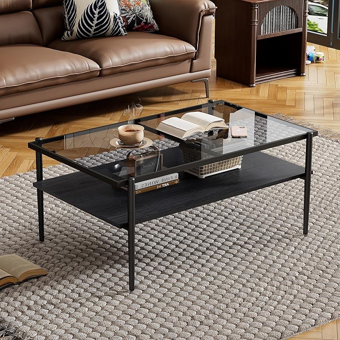 Mid Century Modern 2-Tier Coffee Table with Gray Tempered Glass Top & Wood Storage Shelf – Space-Saving Center Table for Living Room, Apartment & Small Spaces (Black)