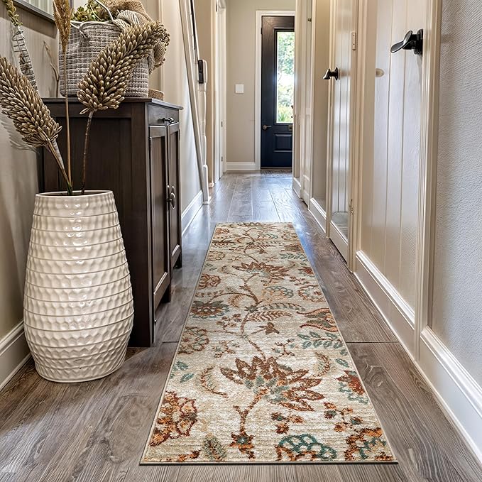 Rugshop Beige Floral Runner Rug- Vintage Botanical Indoor Carpet for Living Room, Bedroom, or Dining Room – Non-Shedding, Soft Low-Pile Traditional Runner Rug 2' 3" x 12'