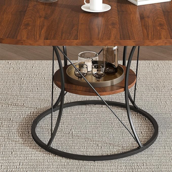 43"-59" Extendable Round Dining Table for 4-6,Mid Century Modern Walnut Wood Grain Table,Expandable Kitchen Table with Storage Shelf for Small Spaces