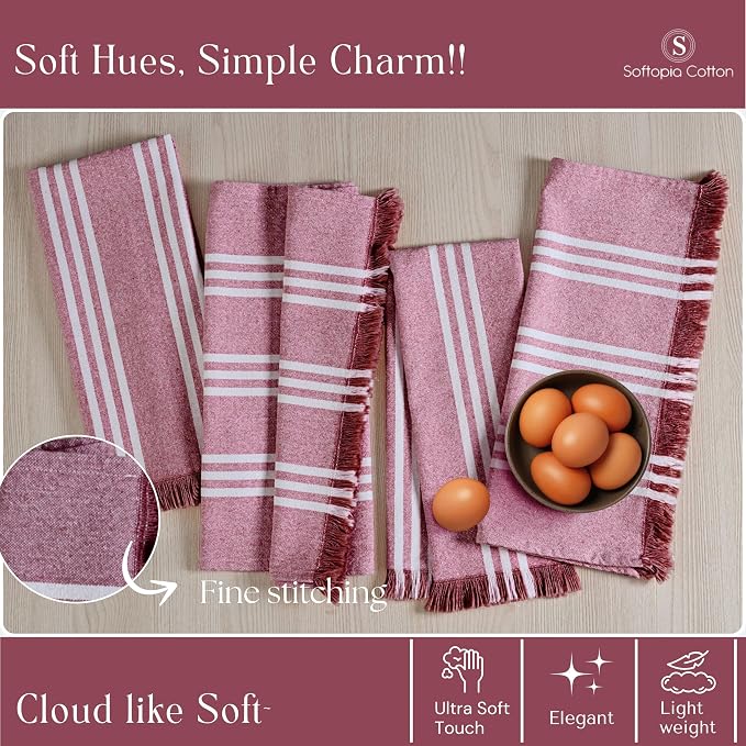 Prewashed Stripe Dish Towels 12 Pack, 16x26 Inches, Absorbent Hand Towels for Kitchen Use, Quick Dry Cloths for Cleaning, Durable Washable Rags, Reusable Dishcloth Set - Burgundy Wine