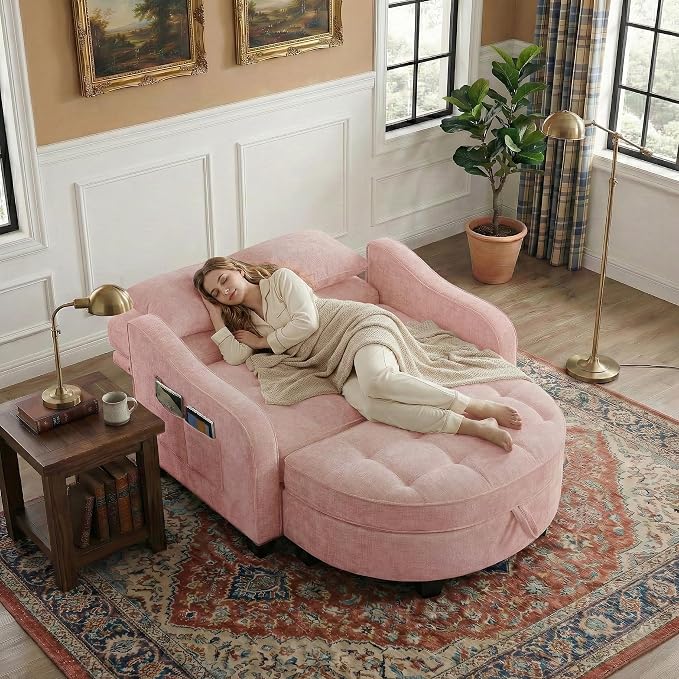 Round Chaise Lounge Chair with Storage Ottoman, Oversized Bubble Chair and a Half Featuring Adjustable Backrest, Plush Reading Accent Chair and Ottoman Set for Bedroom, Blush Pink