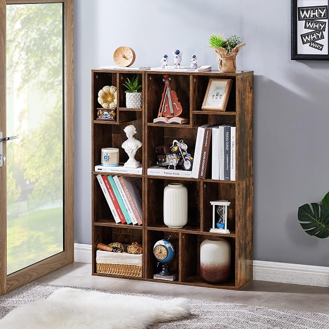 VECELO 4-Tier Bookcase, Modern Storage Cabinet with Height Difference Shelves for Standard Textbooks, 5 Cubes, Vertical or Horizontal, Easy Assembly, Rustic Brown