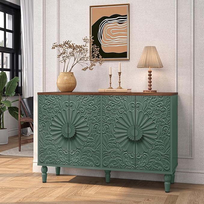 Accent Cabinet with 4 Vintage Carved Flower Pattern Doors, 47" Sideboard Buffet Cabinet with Storage, Decorative Cabinet Wood Credenza for Living Room, Hallway, Green