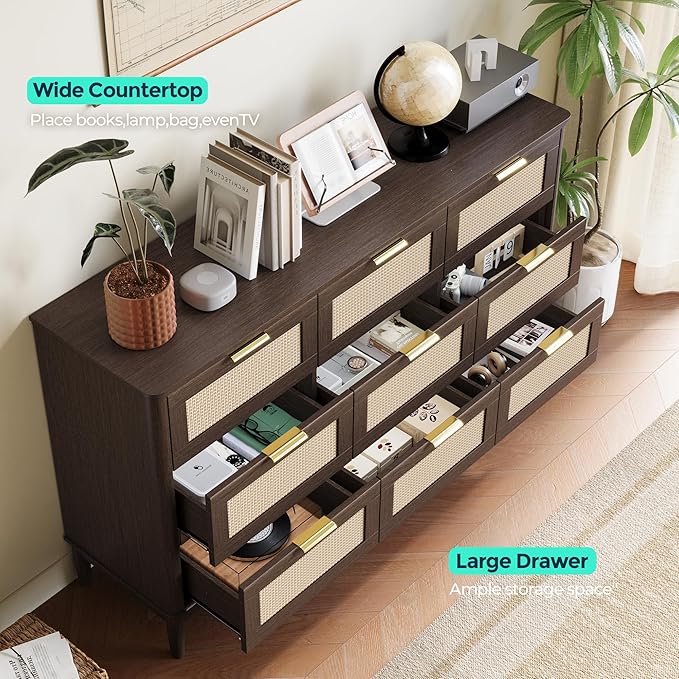LINSY HOME Rattan Dresser with 9 Deep Drawers, 58" Wide Long Chest of Drawers, Mid Century Modern Tall Dresser, Large Wood Boho Storage Cabinet for Bedroom with Metal Handle and Durable Legs, Walnut