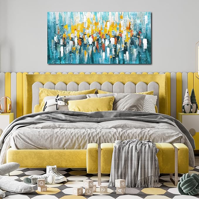 Large Abstract Canvas Wall Art for Living Room Bedroom Teal Yellow Abstract Picture Framed Canvas Prints Ready to Hang Modern Home Decor Size 24x48