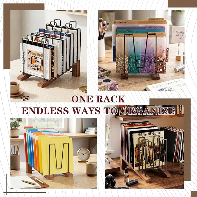 TREWAVE Inclined File Organizer for Desk, Adjustable 7-Section Vertical Desk File Organizer with Wooden Base, Metal Desktop Paper Folder Holder for Office, Home, Classroom and School Workspace