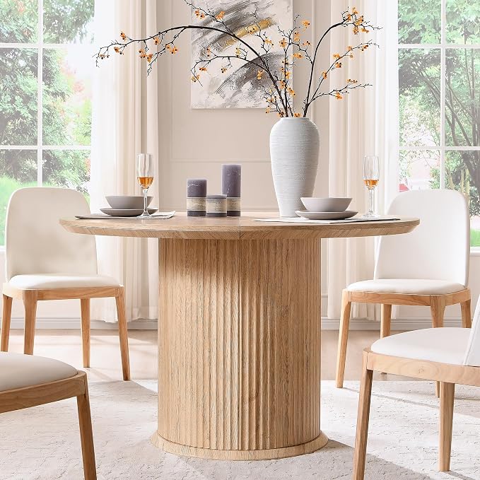 T4TREAM 47" Fluted Round Dining Table for 4-6, Mid-Century Modern Kitchen Table with Thickened Edge & Cylindrical Base for Dining Room, Kitchen, Living Room,Natural Oak(Table Only)