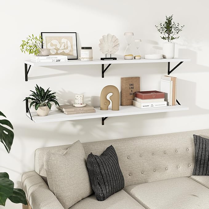 Dreamland Floating Shelves for Wall, 12 Inch Deep Floating Shelves Set of 2, 55W x 12D Large Wall Shelf with Sturdy Metal Brackets for Living Room, Bathroom, Bedroom and Kitchen, White