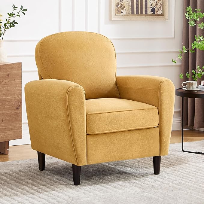 Accent Chair Set of 2, Mid Century Modern Arm Chair with Thick Cushion and Back, Comfy Upholstered Reading Chair Single Sofa Chair for Living Room, Bedroom, Club, Yellow