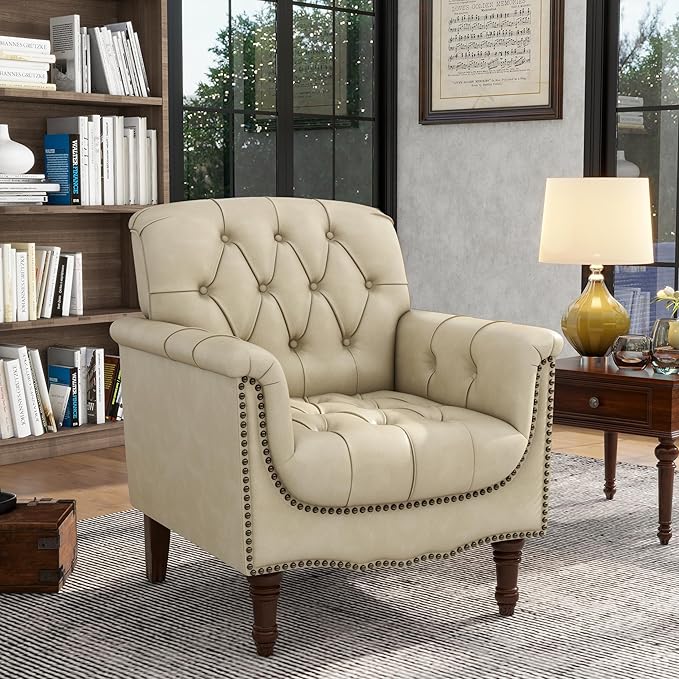 Lumibee Faux Leather Armchair, Contemporary Accent Chair with Nailhead Trims & Wood Legs for Living Room, Upholstered Comfy Arm Chair for Office,Bedroom-Beige