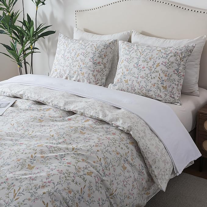 HoneiLife Wildflower Duvet Cover Queen - 100% Cotton Comforter Cover Sets, 3-PC Comfortable Floral Duvet Cover Sets, Botanical Duvet Cover with Zipper Closure & Corner Ties, Lively Spring