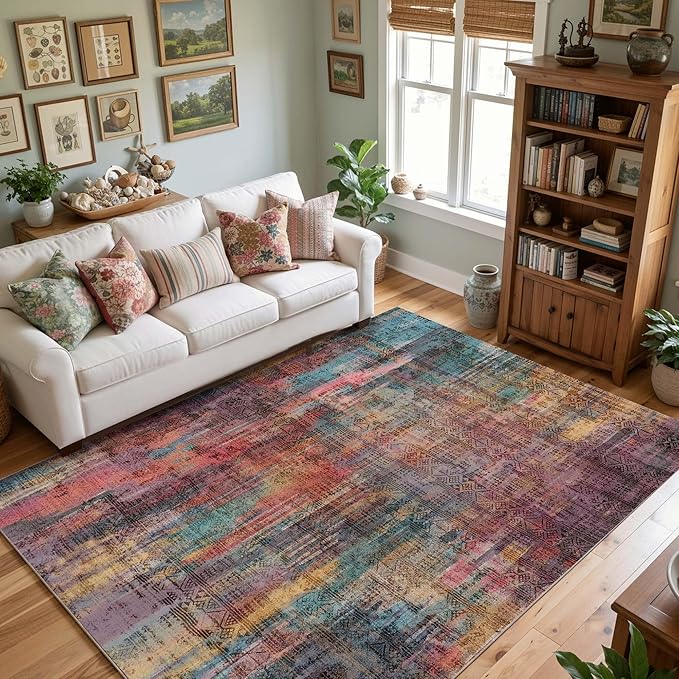 Kokia Abstract Area Rugs 9x12 Bedroom Washable Decor Low Pile Non-Slip Non-Shedding Indoor Brick Ochre Carpet Foldable Stain Resistant Floor Mat Living Room Dining Room, Oslo Cave