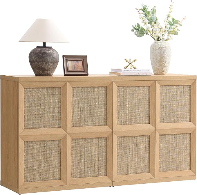 VividVibe Sideboard Buffet Cabinet with Storage, 62.9”Large Boho Credenza with 4 Doors, Coffee Bar Cabinet Farmhouse Modern for Entryway Living Room Natural Oak