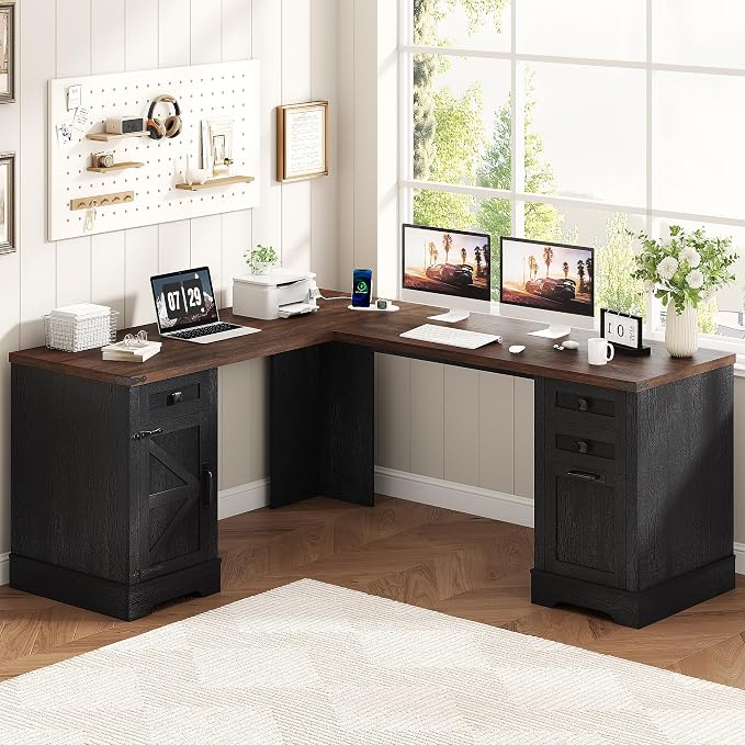 Squireewo 68.9'' Farmhouse L Shaped Desk with Drawers, Wood Executive Home Office Desk with Charging Station, File Drawers and Storage Cabinet, Computer Corner Desk for Work, Study and Writing, Black