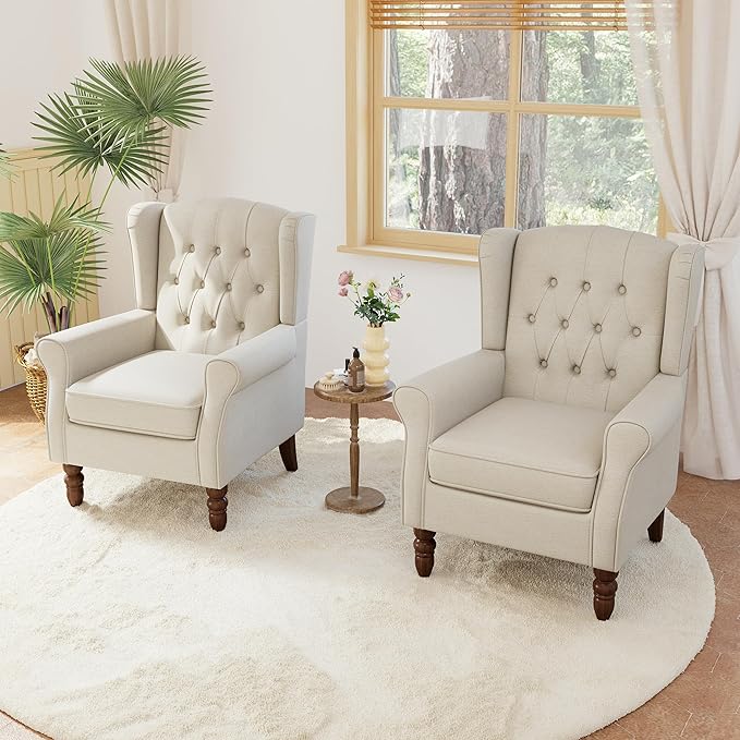 Accent Chairs Set of 2, High Back Upholstered Chair with Button Tufted, Mid-Century Modern Comfy Wingback Chair Reading Armchair in Fabric for Living Room for Bedroom, Office-Beige