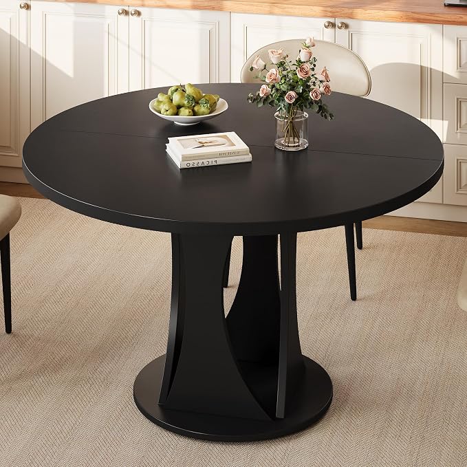 Einhomn Round Dining Table for 4-6, Kitchen Table with Sturdy Double Arc & Rounded Base & Backboard Clasp Desktop, Mid-Century Modern Circle Dinner Table for Dining Living Room, Space Saving, Black