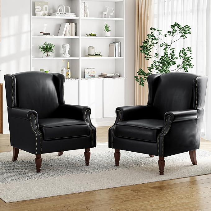 Pia Ricco High Back Floral Accent Chair - Retro Wingback Upholstered Armchair in Faux Leather, Nailhead Trim & Solid Wood Legs for Living Room Bedroom Reading Chair(Black