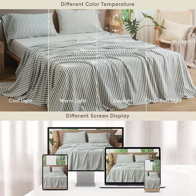 MooMee Striped Sheet Set 100% Washed Cotton Linen Like Textured Breathable Durable Soft Comfy (Heathered Green Classic Stripes, King)