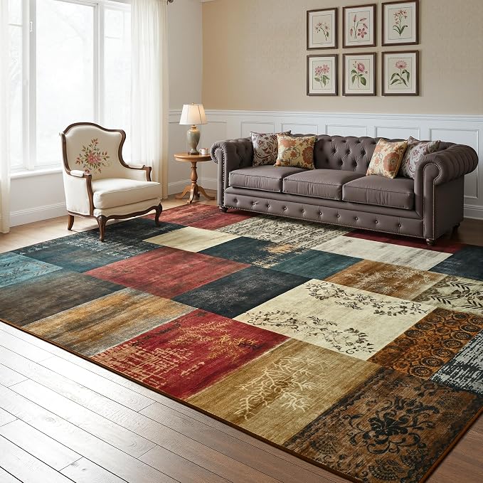 Tepook Modern Area Rugs for Living Room, 9x12 Washable Large Rug for Bedroom, Geometric Patchwork Rugs Indoor Non-Slip Throw Carpets for Dining Room Office Farmhouse Home Decor, Multi
