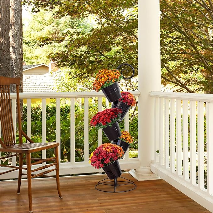 Hanging Flower Pot Tiered Stand (Black), Metal Outdoor Stacking Planter
