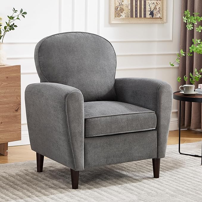 Accent Chair Set of 2, Mid Century Modern Arm Chair with Thick Cushion and Back, Comfy Upholstered Reading Chair Single Sofa Chair for Living Room, Bedroom, Club, Dark Grey