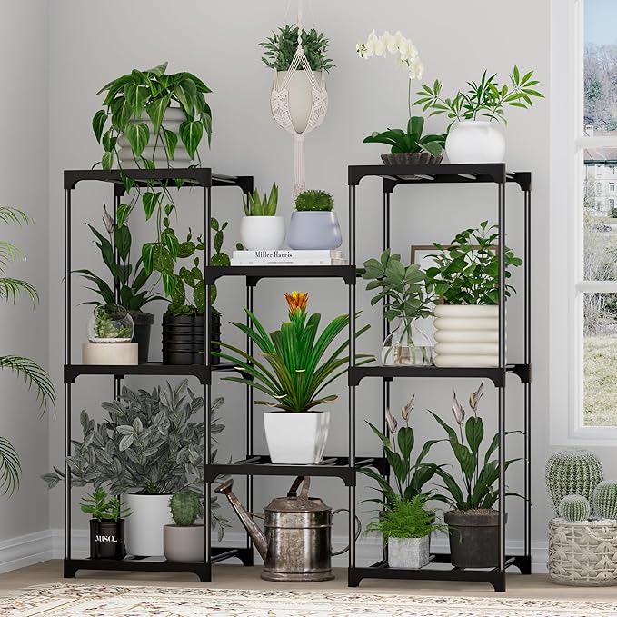 Plant Stand Indoor Outdoor Plant Shelf Stand, 3 Tiers 8 Pots Large Potted Metal Flower Plant Rack for Multiple Plants, Hanging Tall Planter Holder for Patio Balcony Living Room Corner Porch Garden Boho Decor Black
