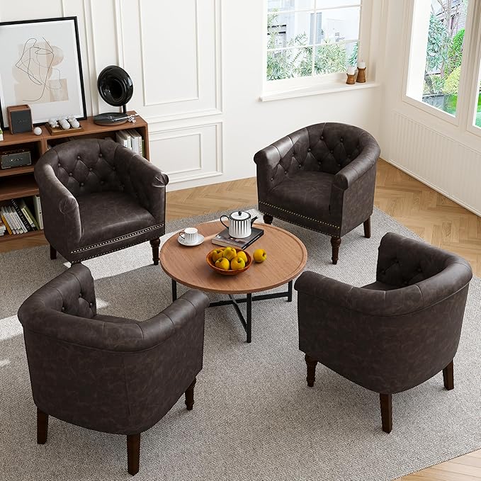 Accent Chair, Upholstered Faux Leather Barrel Chair with Nailed Trim, Comfy Club Armchair for Reading Living Room Bedroom Waiting Room-Chocolate, Set of 1