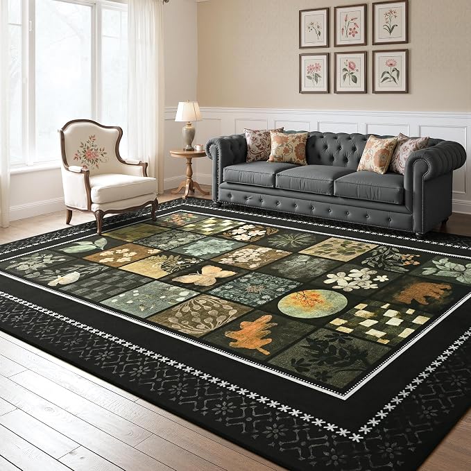 Tepook 8x10 Area Rugs for Living Room, Modern Large Geometric Rug for Bedroom, Washable Patchwork Rug Indoor Non Slip Throw Carpets for Dining Room Office Farmhouse Home Decor, Black