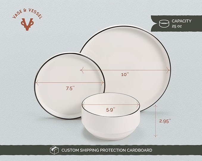 Vase and Vessel Ceramic Dinnerware Set, 12-Piece Service for 4, Round, Microwave and Dishwasher Safe, Cambridge Classics (French)