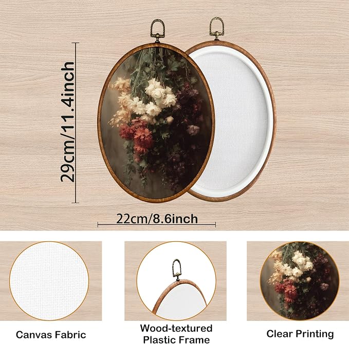 KSDUT Retro Flower Wall Art Decor - Mid Century Modern Neutral Wall Art Canvas Frame Hanging Prints, Vintage Dark Academia Floral Oval Artwork Decor for Gallery Home Decorations 8.6"x11.4"