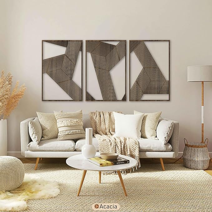 3D Geometric Wood Wall Art Set of 3, Abstract Architectural Line Panels, Mid Century Modern Minimalist Wooden Wall Decor, New Home Gift for Living Room and Bedroom