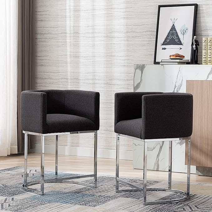 Contemporary Charcoal Linen Bar Stools Set of 2, 24" Upholstered Fabric Counter Height Barstools Kitchen Counter Island Stools with Screwed Together Chrome Finish Base