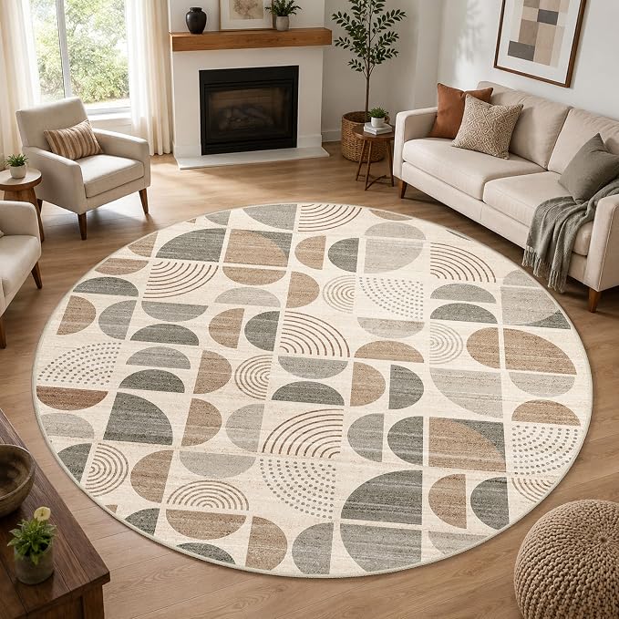 MUJOO Round Rugs 9ft,Circle Area Rug Washable,Circular Rugs for Living Room Dining Room,Large Boho Non Slip Throw Floor Carpet Modern Abstract Bohemian Neutral Beige