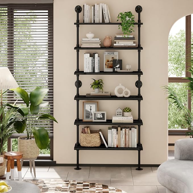 6 Tier Industrial Ladder Shelf Bookcase, Wall Mounted Rustic Bookshelf for Living Room Decor and Storage (Black, 6 Tier - 10" D x 36" W x 82.5" H)