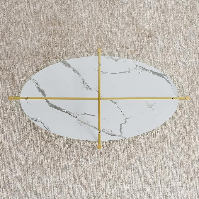 LumFurn Oval Glass Coffee Table, Mid-Century Modern Design, L43 x W22 x H17 inch, Surfboard Shaped Clear Glass Top and White Marble Finish Wood Shelf, Tapered Legs with Gold Finish Frame