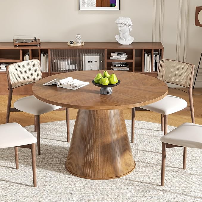 Round Dining Table for 4, Farmhouse Fluted Dining Kitchen Table, 47 Inch Modern Wood Small Circle Dining Table for Kitchen Living Room (Walnut, 47inch)